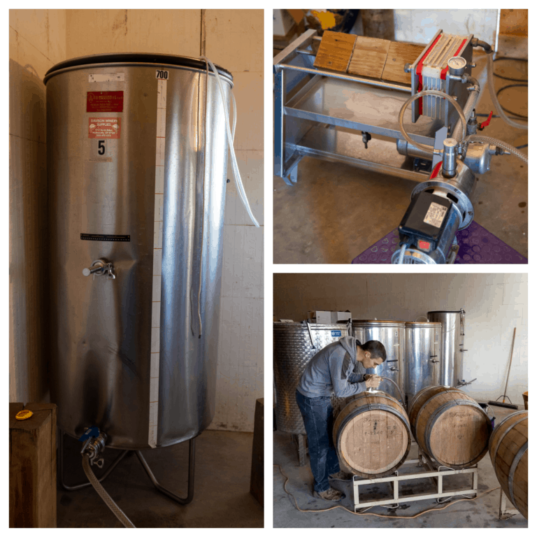 Wine - from Tanks to Barrels - Collage of tank, filter and barrel pictures.